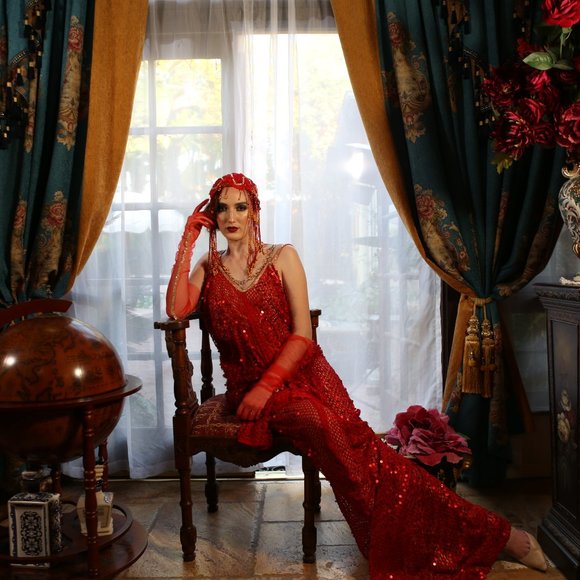 SAMPLE GOWN ONLY- LADY ELEANOR Custom Order Red Gatsby Wedding Gown - Picture 5 of 15